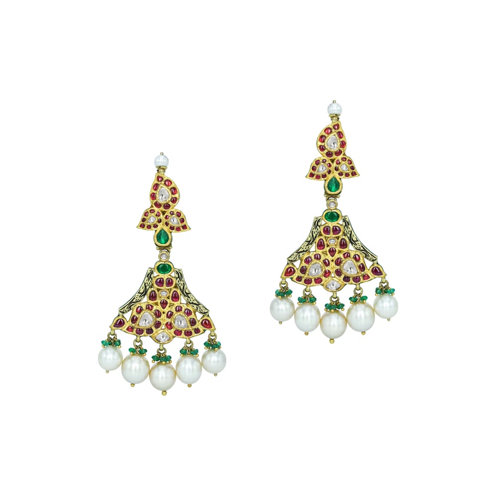 Polki Diamond Earrings with Red Stones, Emerald Beads & Pearls